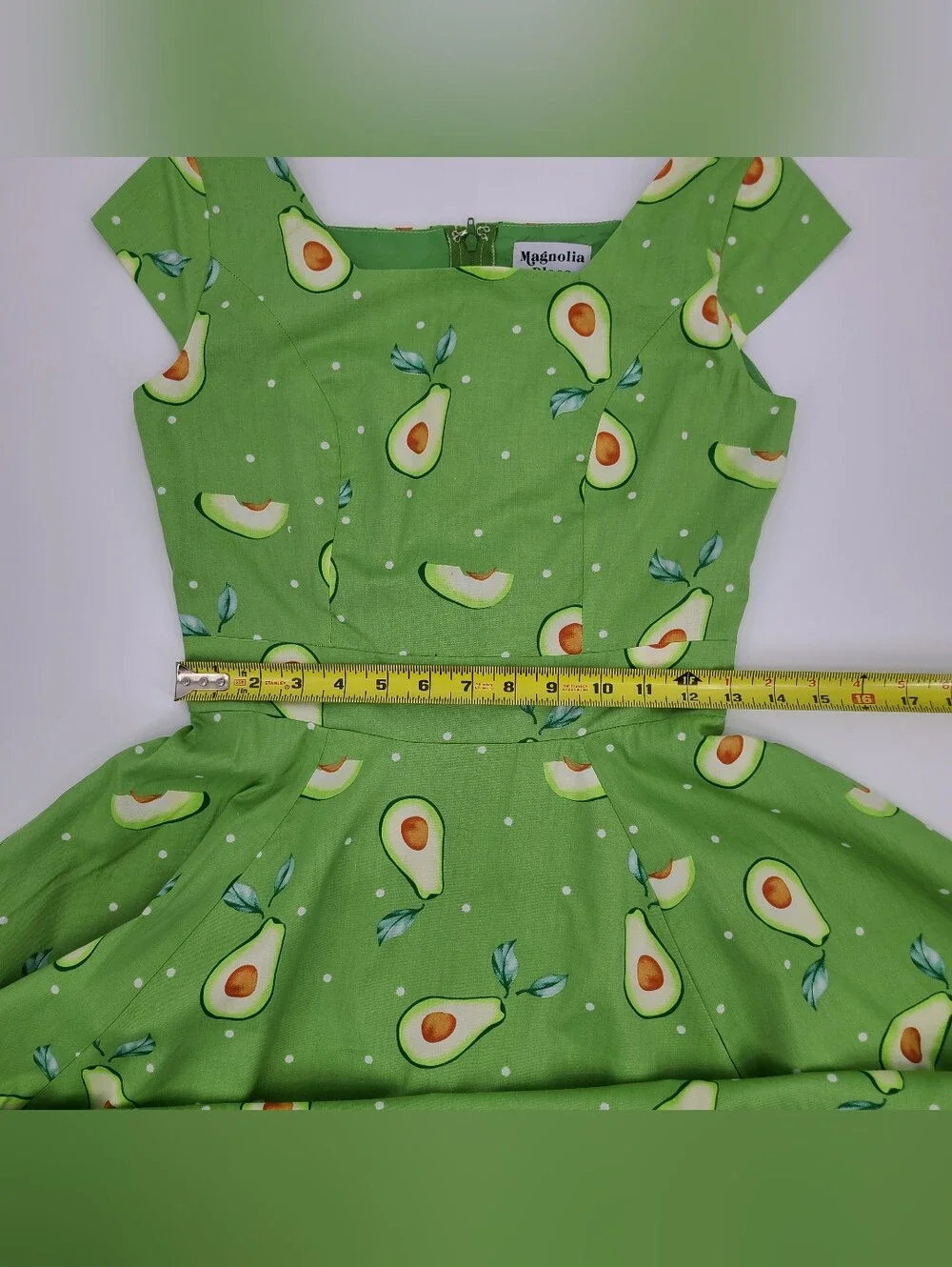 Unique Vintage's Magnolia Place Avocado Print Cotton Midi Dress Size XS - Picture 8 of 12
